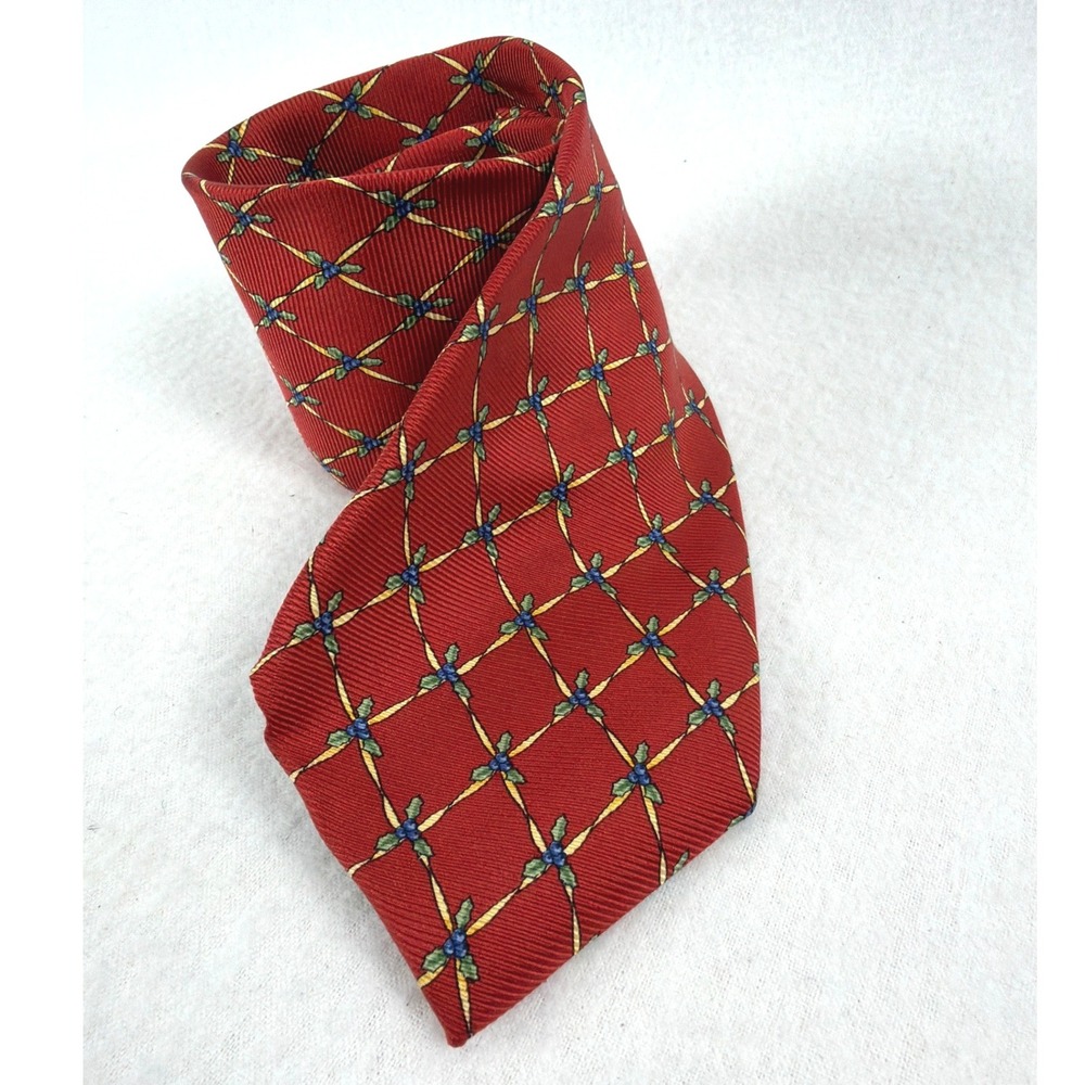 Lands End Mens Red Silk Trellis Floral Necktie Hand Sewn USA Tie Holly Holiday